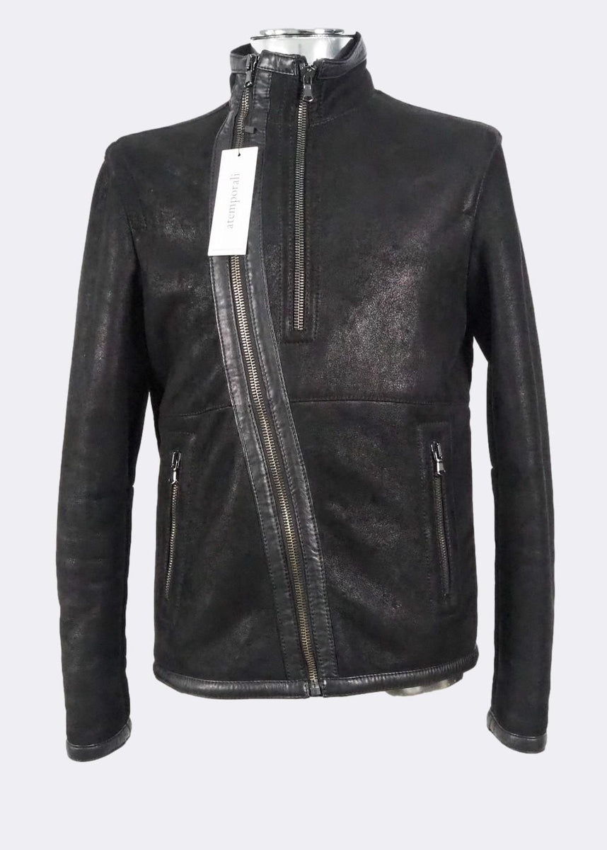 Men s Dirk Bikkembergs Zip Shearling Leather Jacket Black EU50