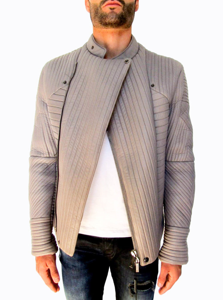 Grey Quilted Leather Biker Jacket
