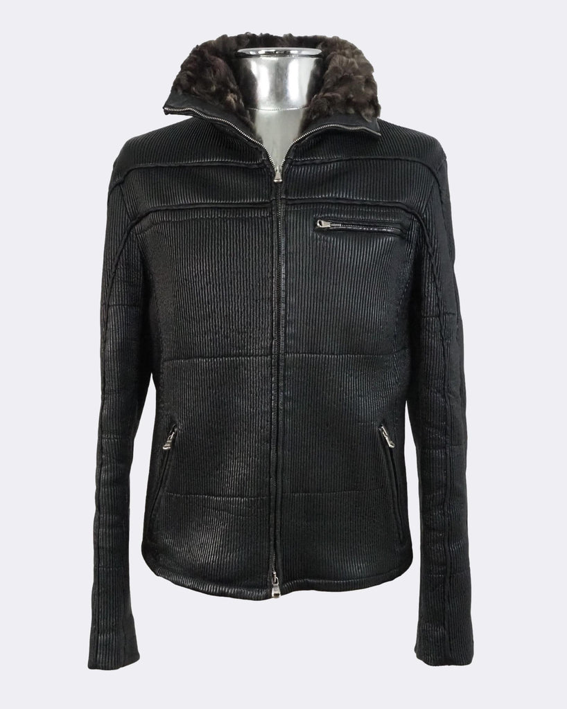 Ribbed Stretch Leather Jacket with Fur Collar