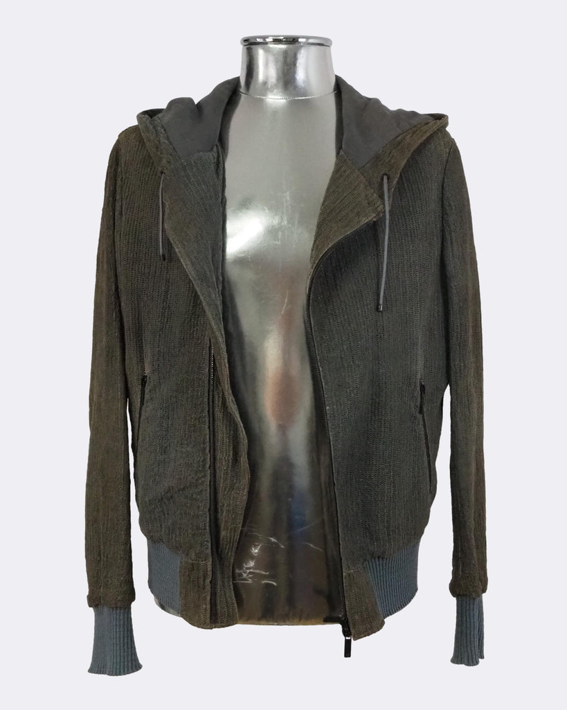 Laser-cut Leather Hooded Bomber Jacket