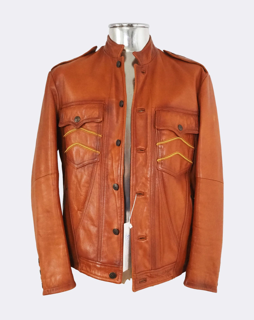 Cognac Burnt Brown Leather Button-Front Jacket
