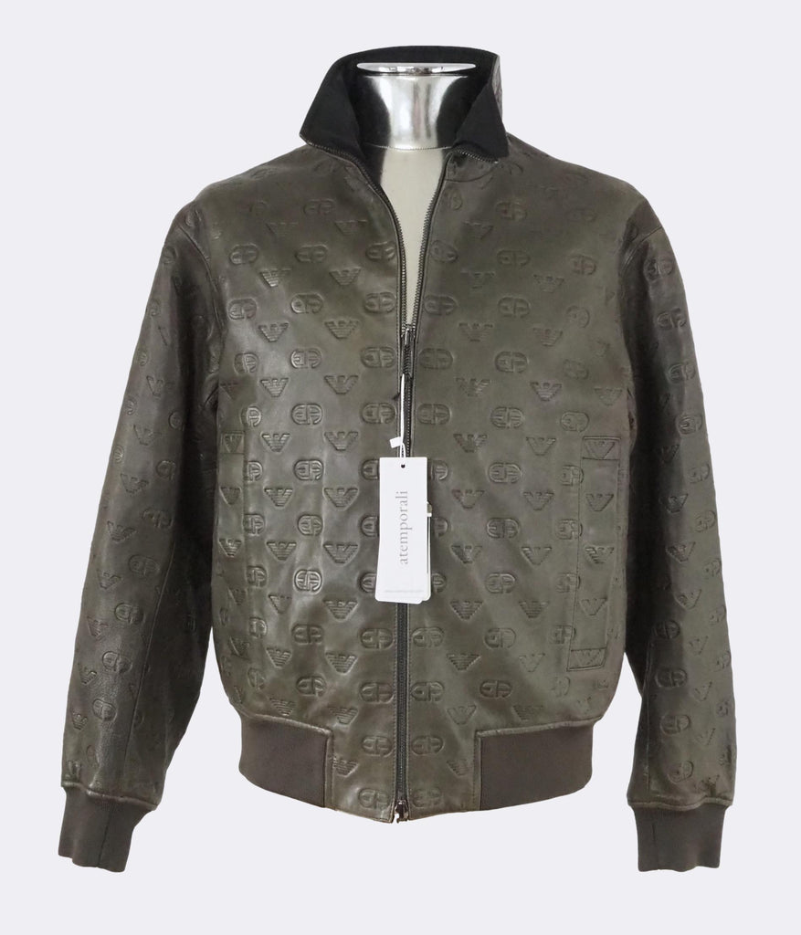 Reversible Logo Embossed Lambskin Nappa Leather Bomber Jacket