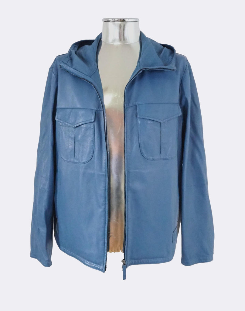 Light Blue Hooded Zip-Front Leather Jacket