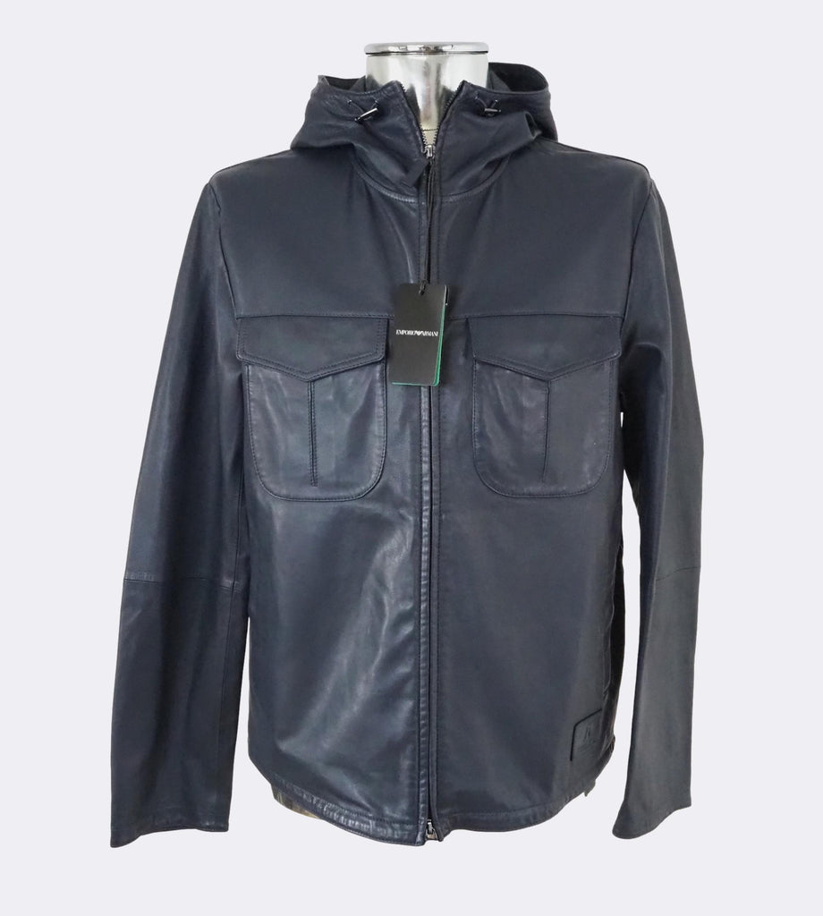 Dark Blue Hooded Zip-Front Leather Jacket