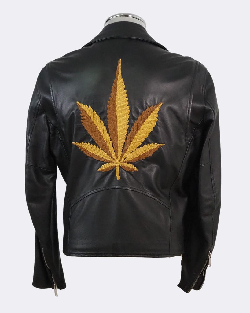 Marijuana Leaf Embroidered Leather Biker Jacket