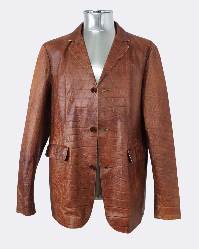Crocodile Embossed Brown Leather Blazer Jacket