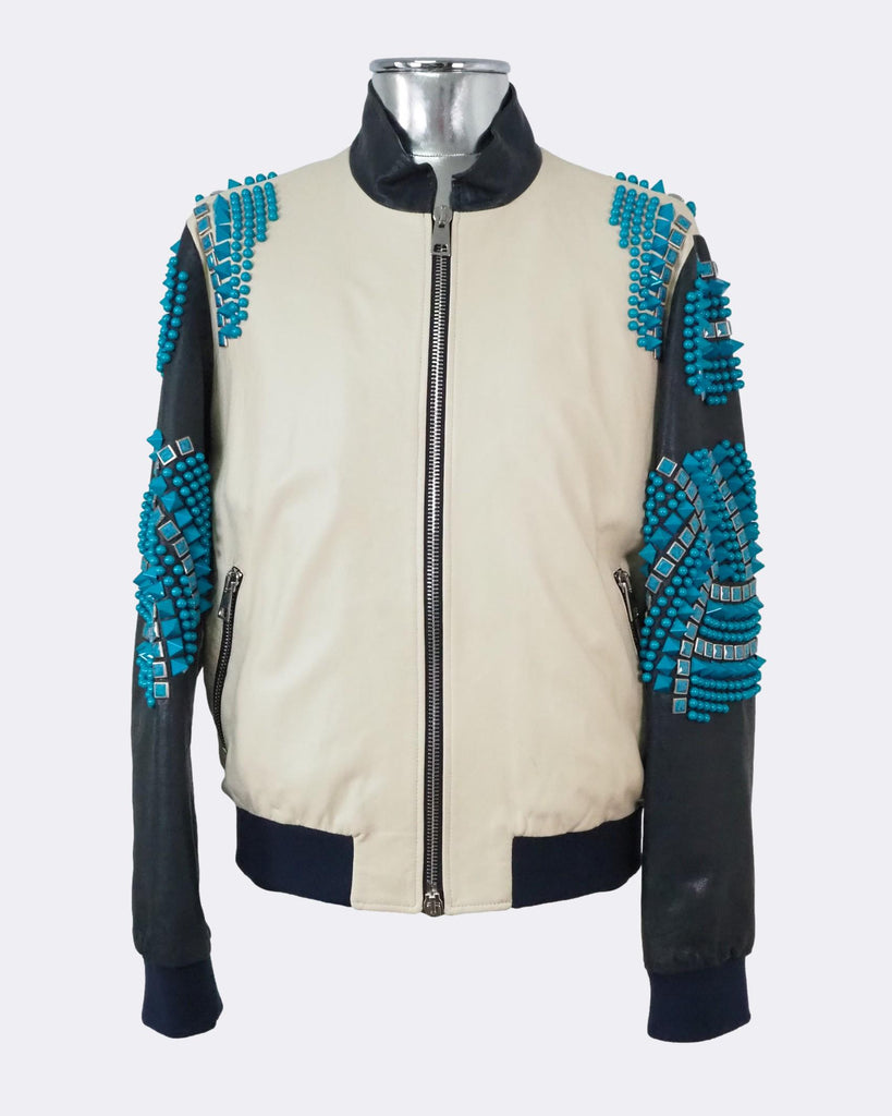 Leather Bomber Jacket with Turquoise Crystal Detailing