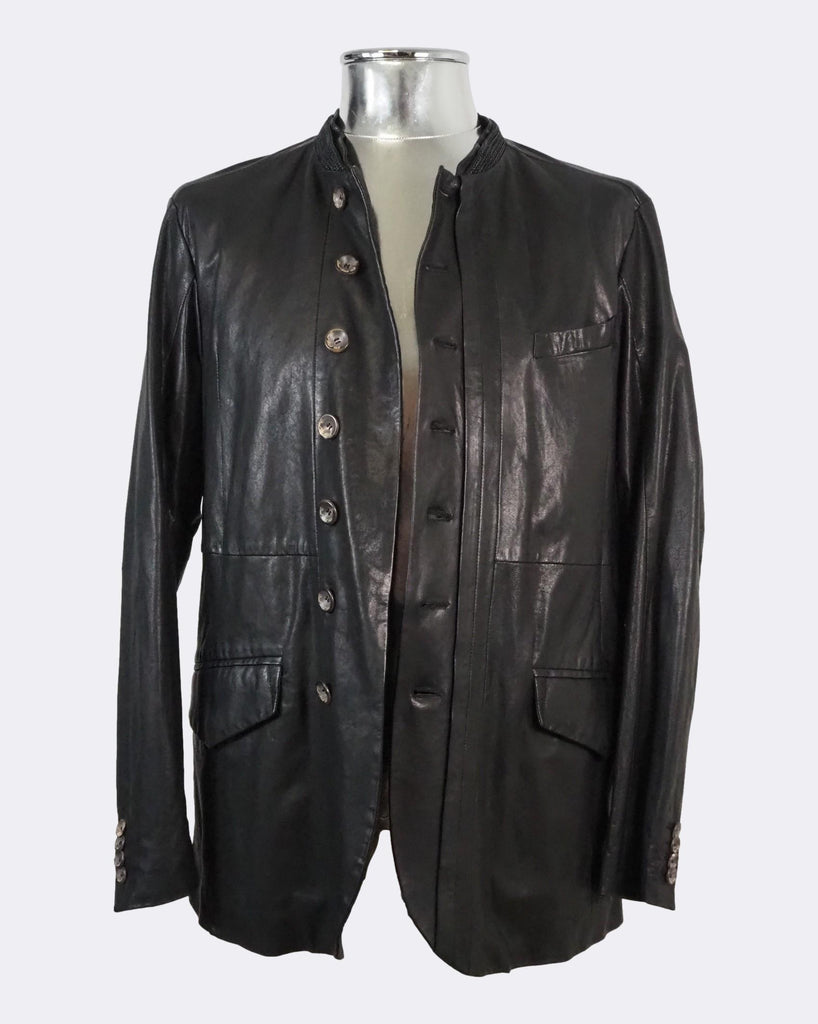 Military-Style Button Front Leather Jacket