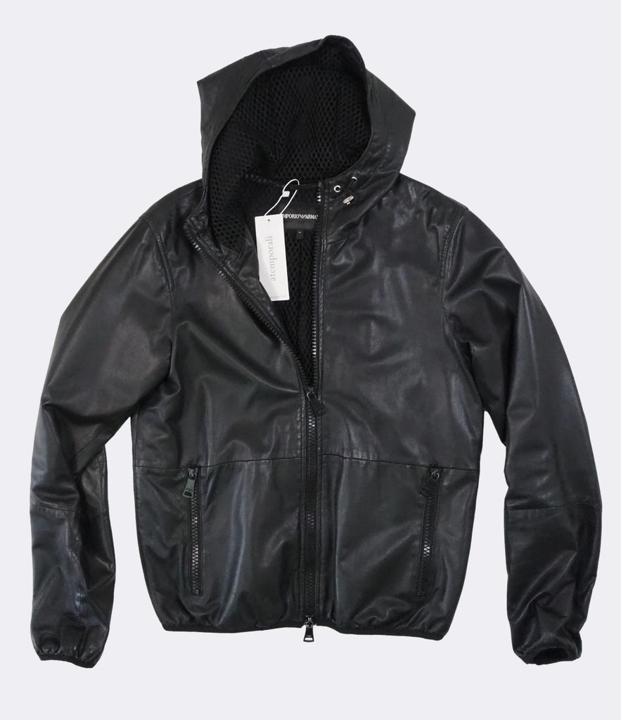 Men's Emporio Armani Black Hooded Zip-Front Leather Jacket Medium