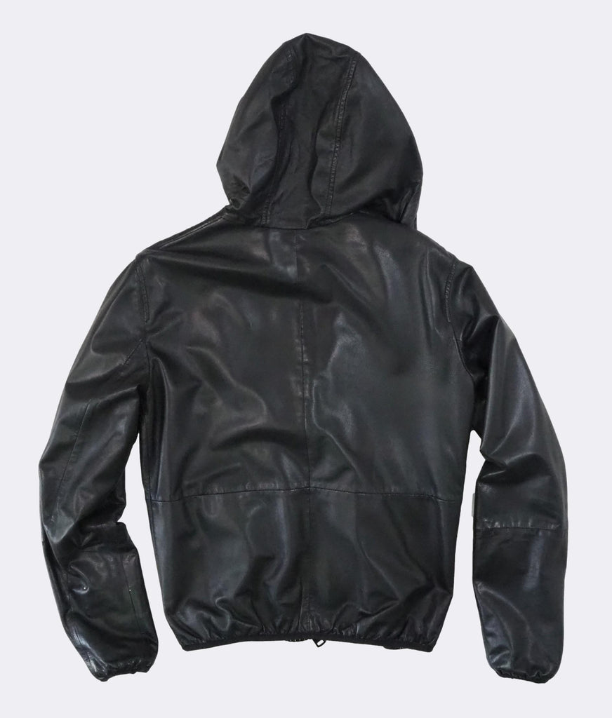 Men's Emporio Armani Black Hooded Zip-Front Leather Jacket Medium
