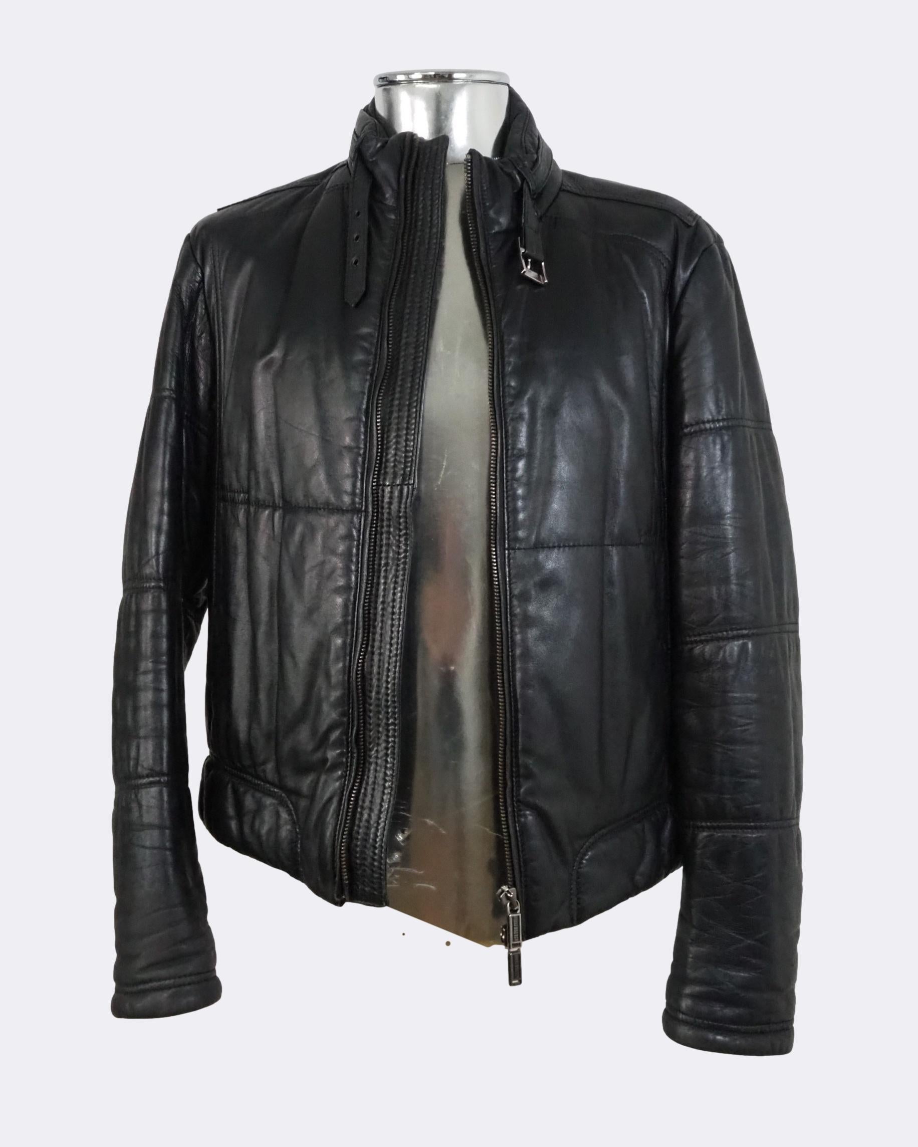 Men's Dirk Bikkembergs Puffer Leather Jacket Black EU48 Medium