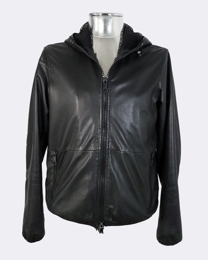 Black Hooded Zip-Front Leather Jacket