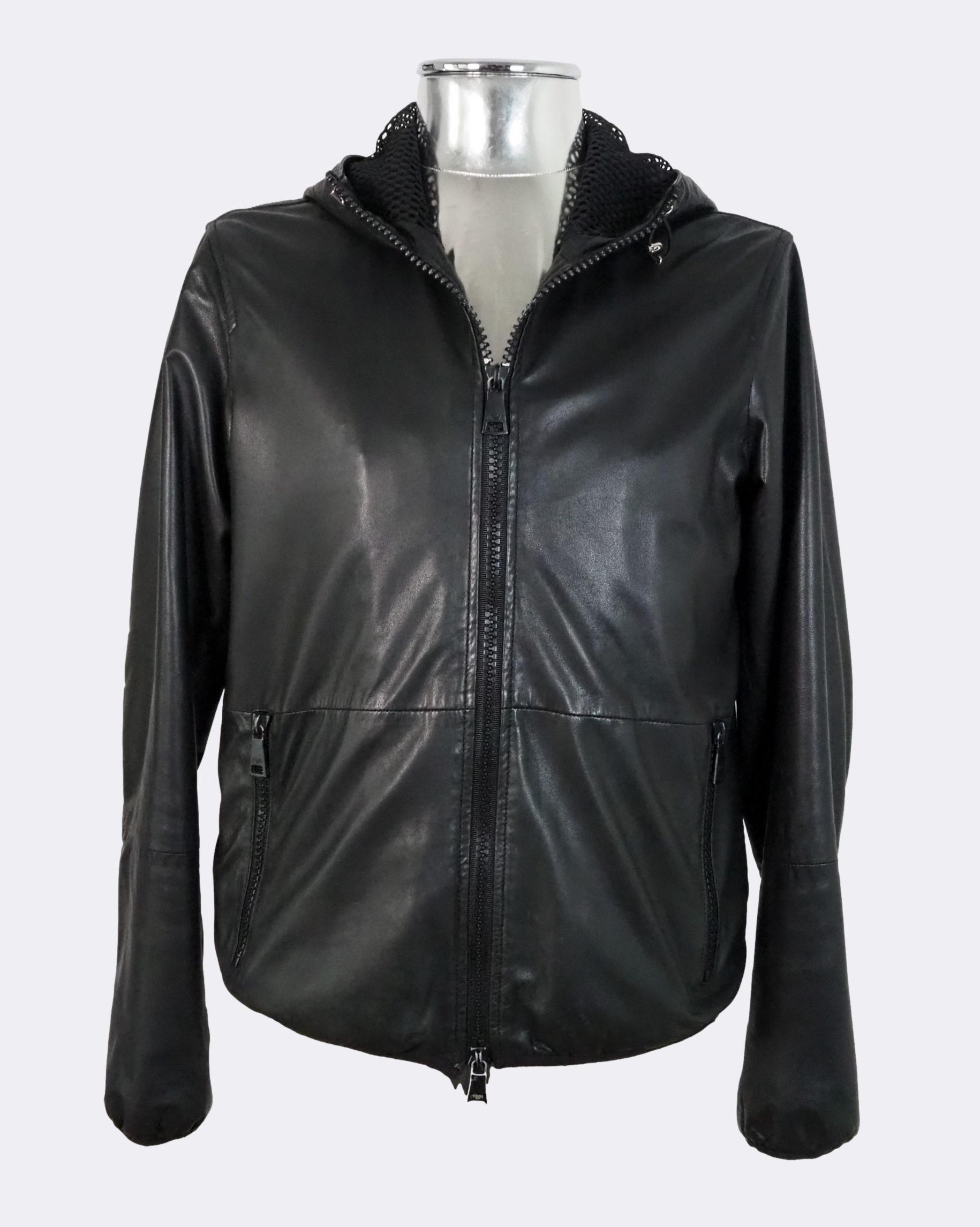 Men's Emporio Armani Black Hooded Zip-Front Leather Jacket Medium