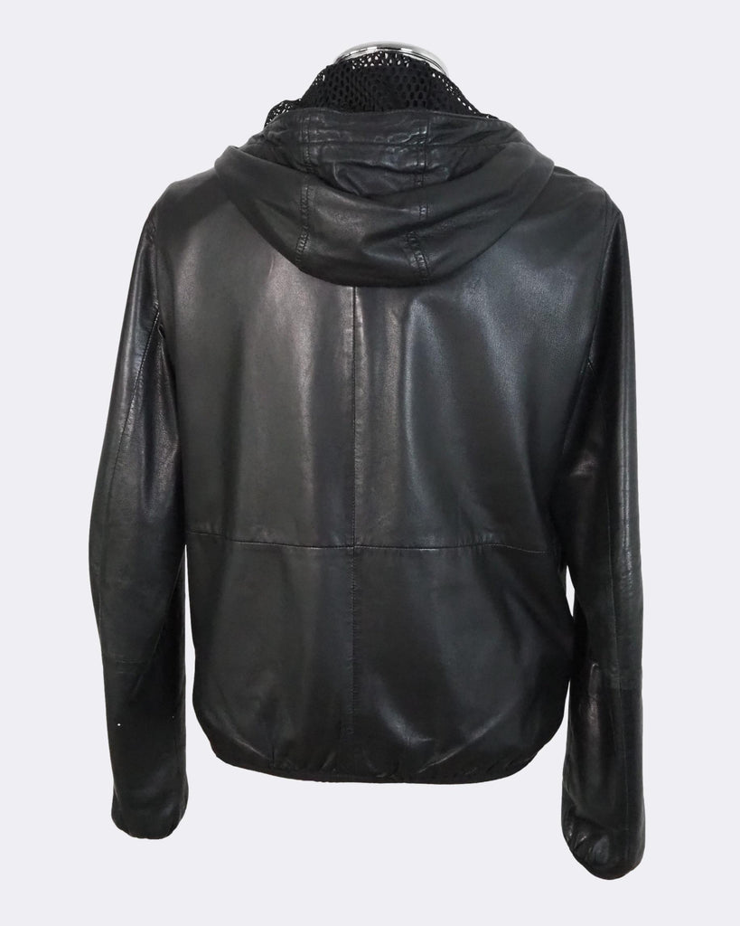 Men's Emporio Armani Black Hooded Zip-Front Leather Jacket Medium