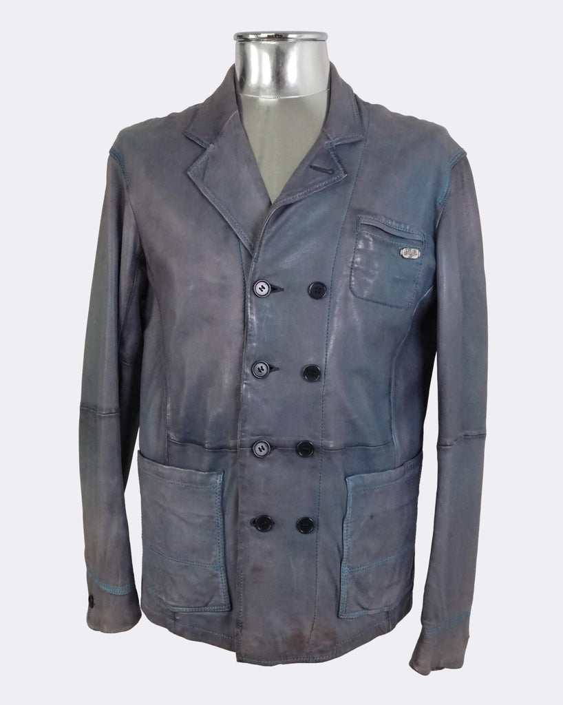 Distress Blue Double Breasted Leather Jacket