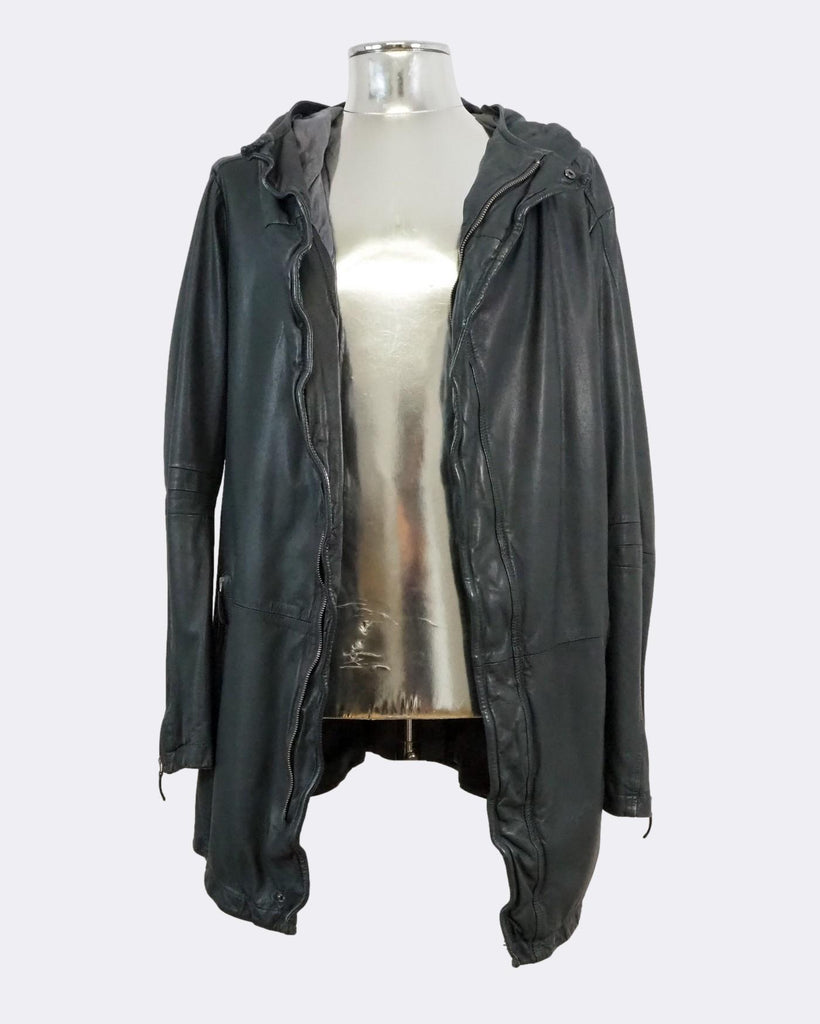 Blue Hooded Mid-Length Leather Jacket