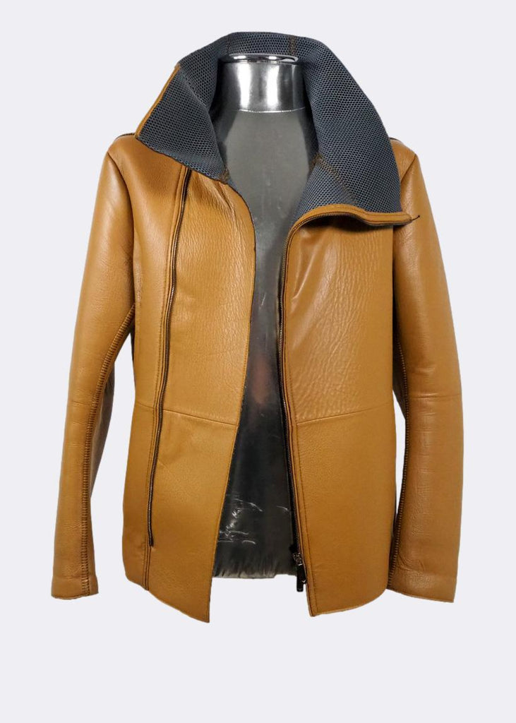 Brown Funnel Neck Leather Neoprene Jacket