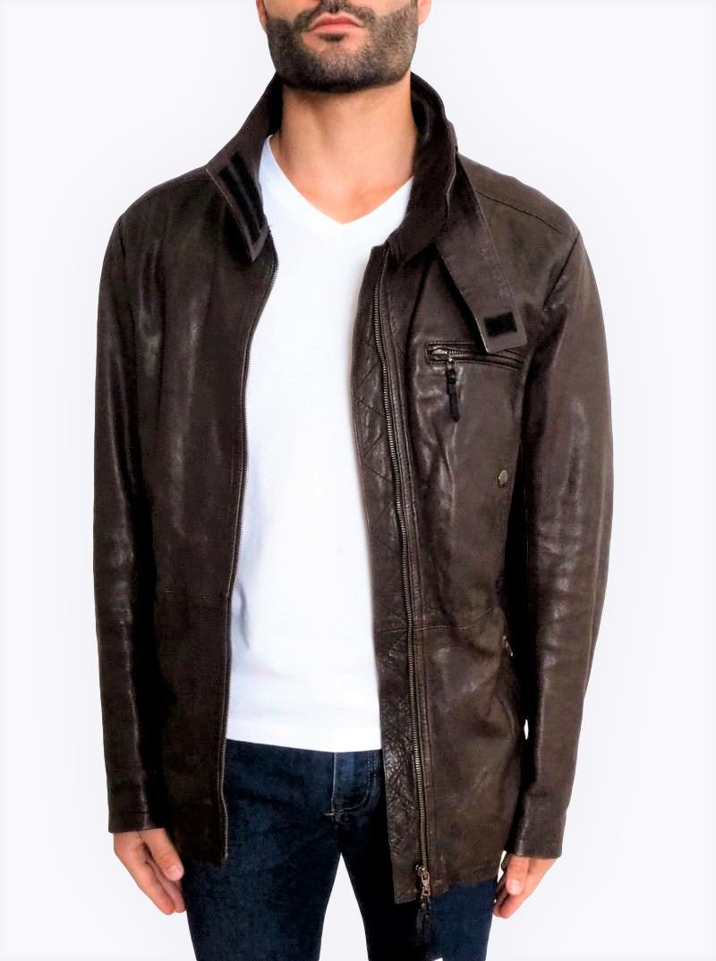 Men's Costume National CNC Zip Front Leather Jacket Brown Medium