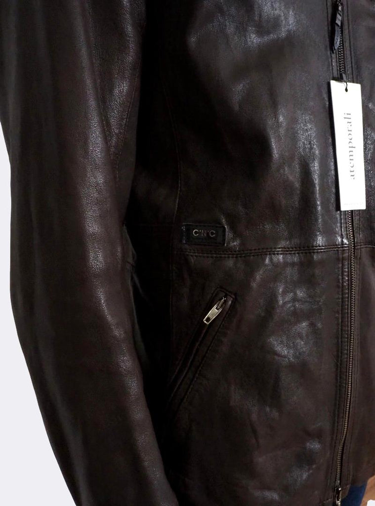 Men's Costume National CNC Zip Front Leather Jacket Brown Medium