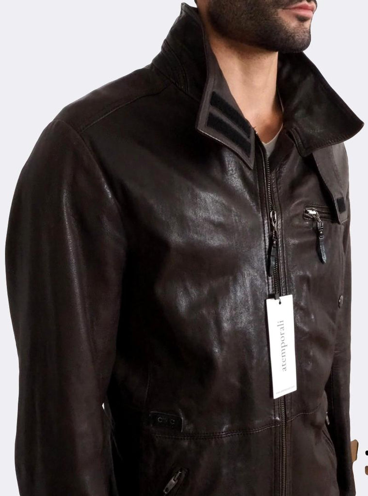 Men's Costume National CNC Zip Front Leather Jacket Brown