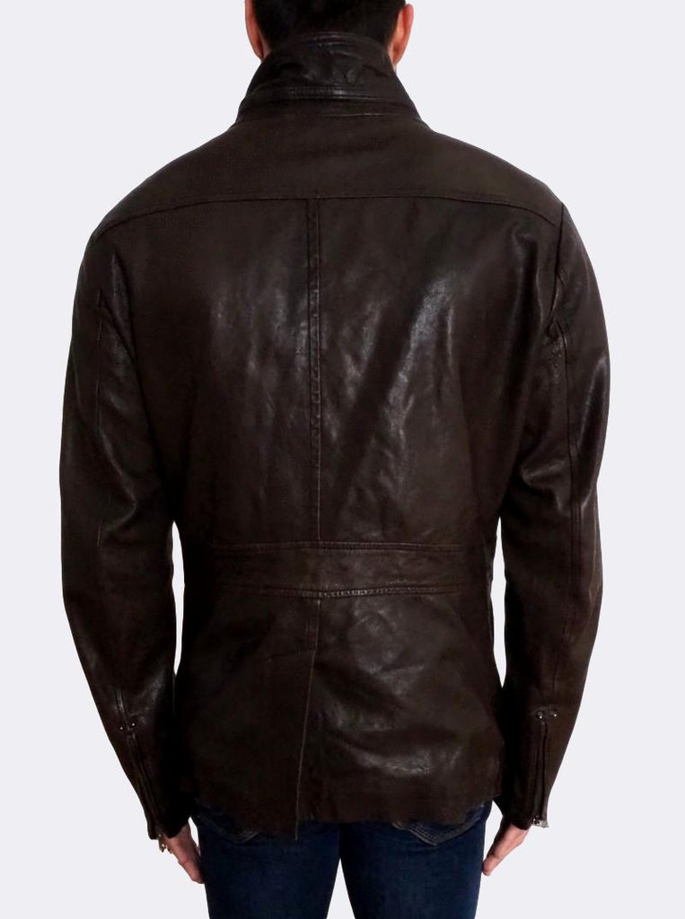 Men's Costume National CNC Zip Front Leather Jacket Brown Medium