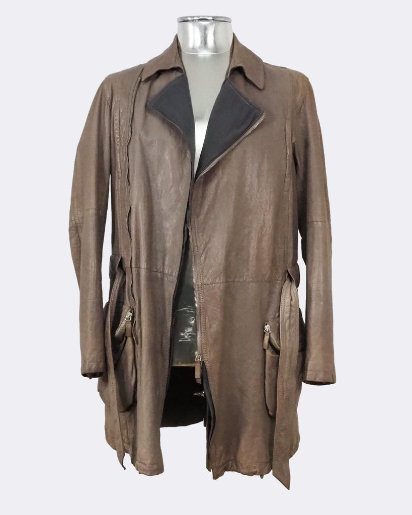Brown Mid-Length Leather Zipper Jacket