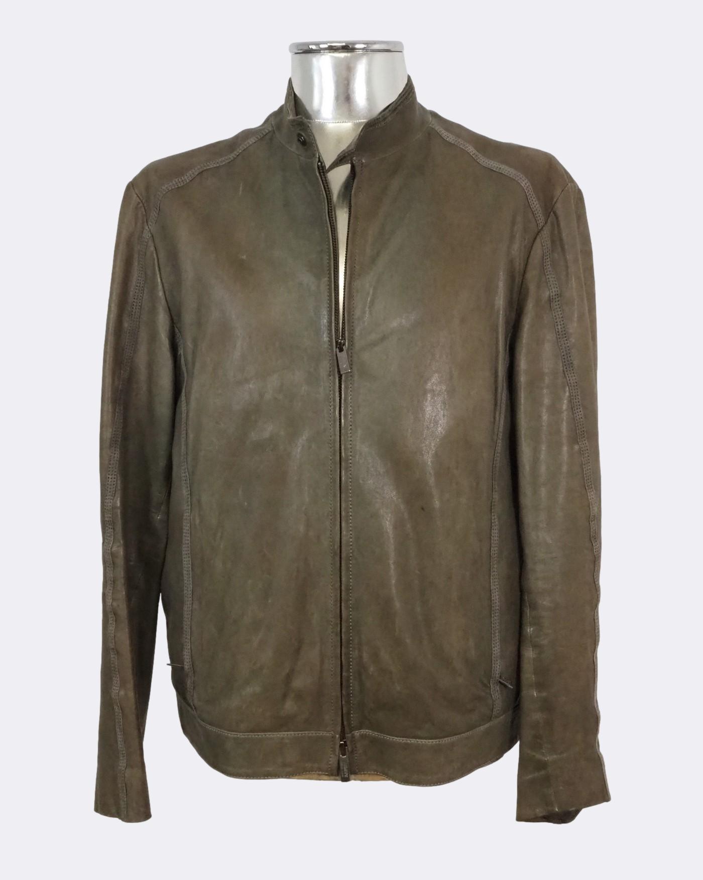 Men s Armani Collezioni Khaki Green Distressed leather Jacket EU52