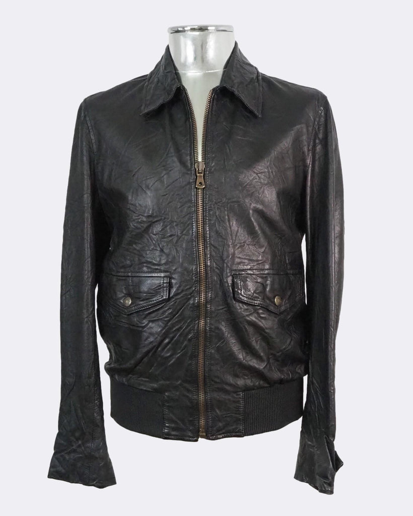 Creased Leather Bomber Jacket