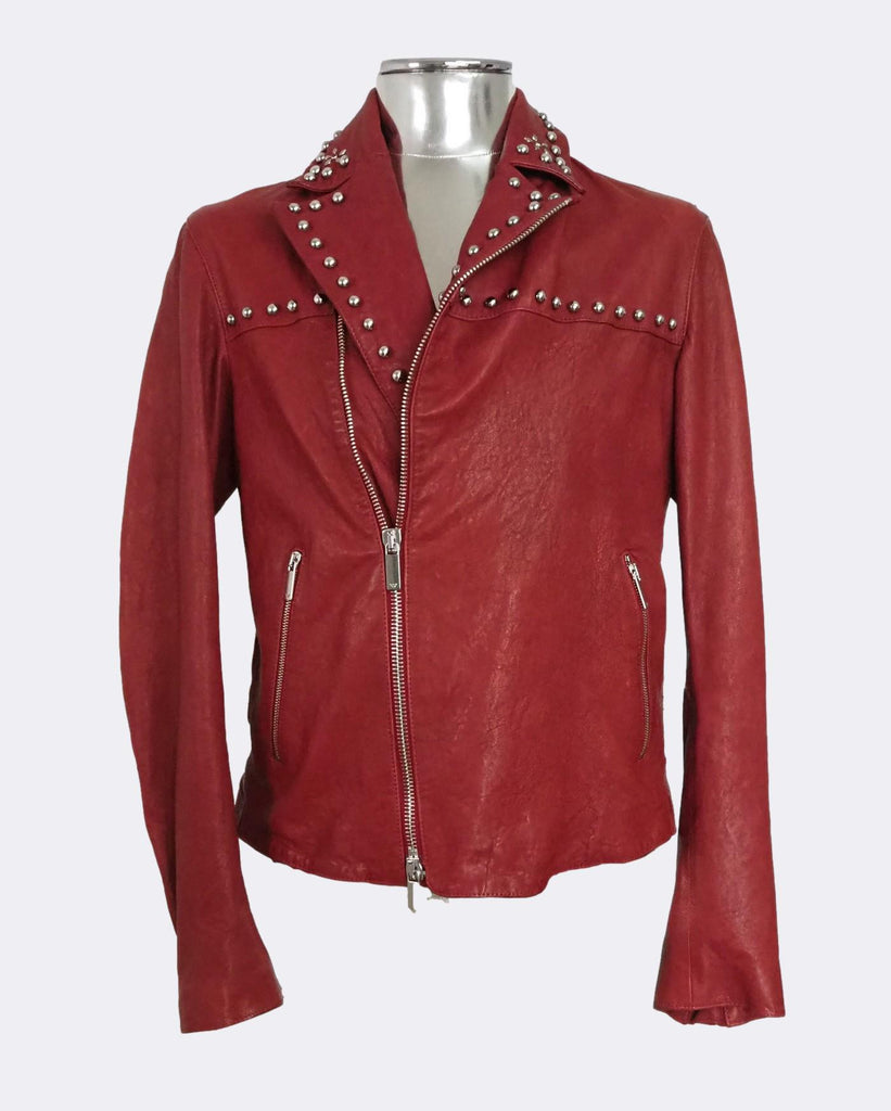 Red Studded Leather Biker Jacket