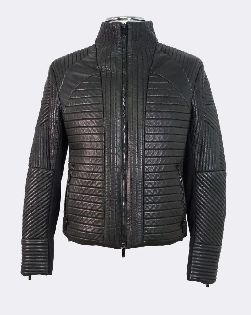 Black Quilted Panel Leather Jacket