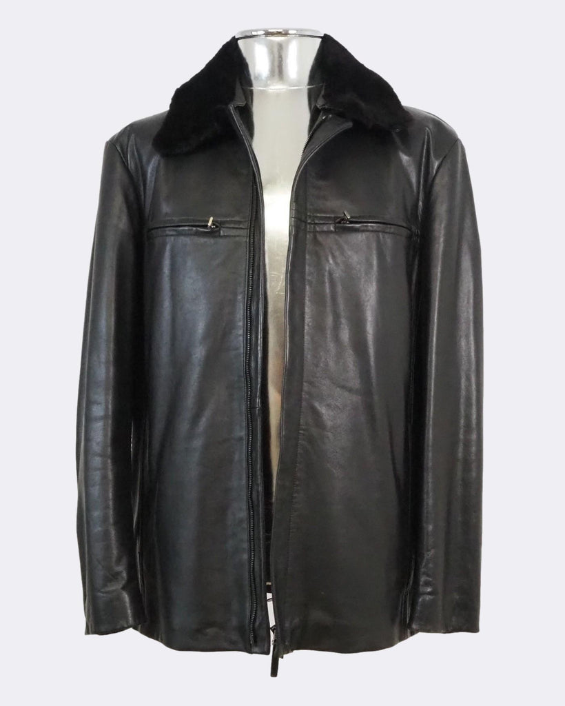 Calfskin Leather Jacket with Removable Shearling Collar