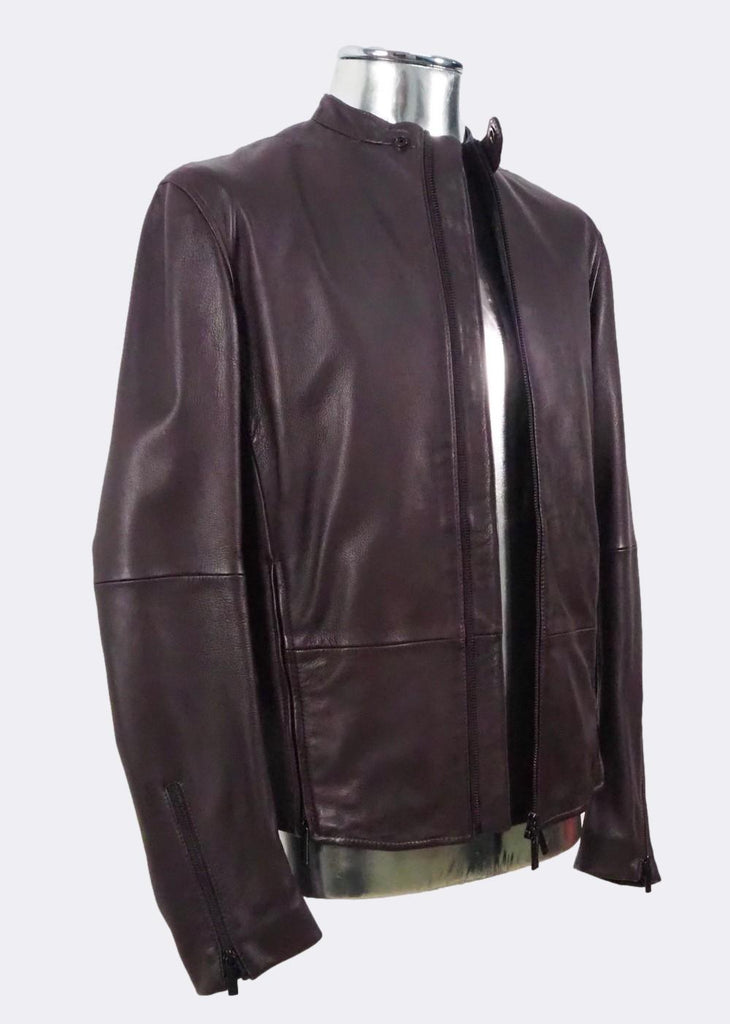 Men's Emporio Armani Burgundy Cafe Racer Leather Jacket EU48