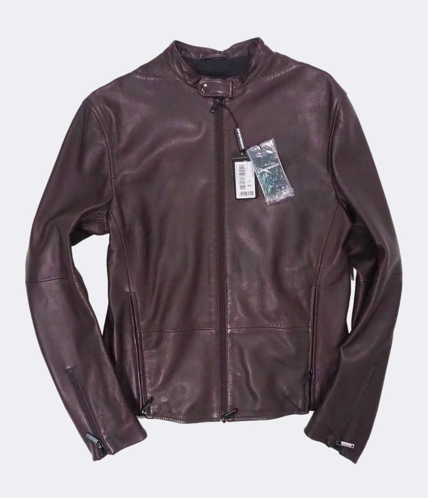 Men's Emporio Armani Burgundy Cafe Racer Leather Jacket EU48