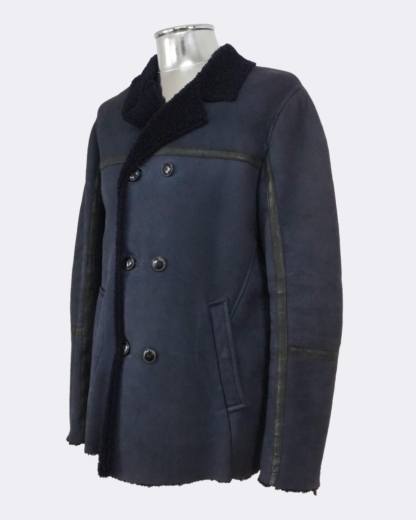 Men's Emporio Armani Blue Shearling Leather Peacoat EU54 XL