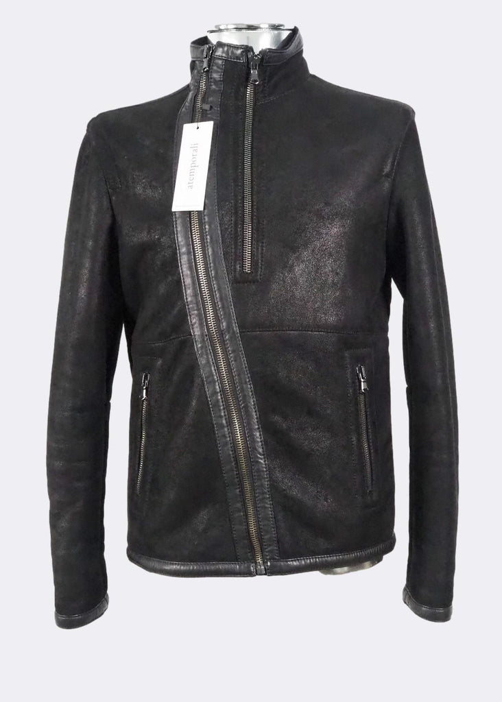 Asymmetric Zip Shearling Leather Jacket