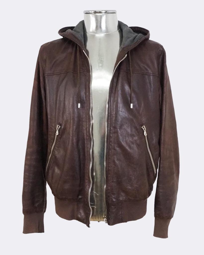 Hooded Goatskin Leather Bomber Jacket